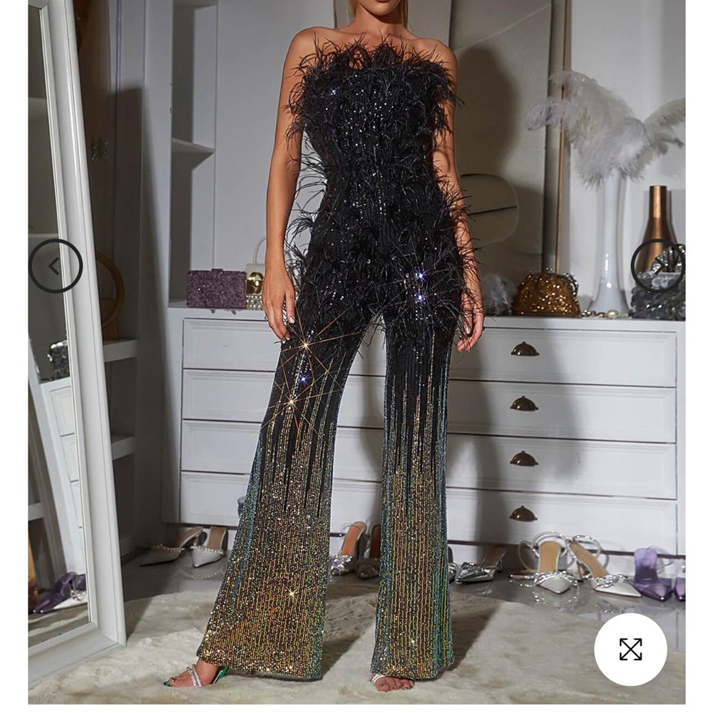 Mew Mews Shiva Ombré Feather Sequin Jumpsuit